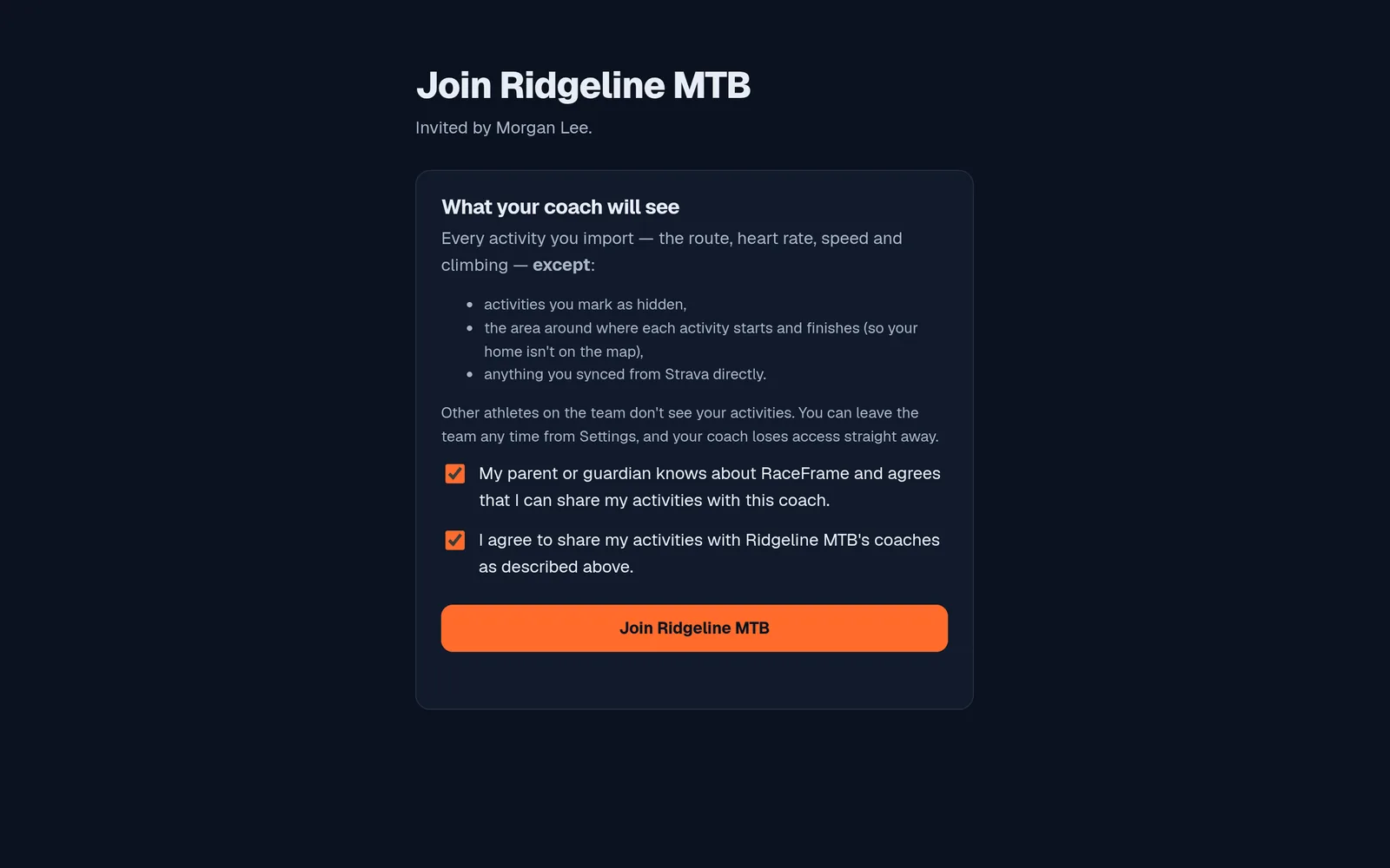 The join screen: what the coach will see, the guardian checkbox and the agreement