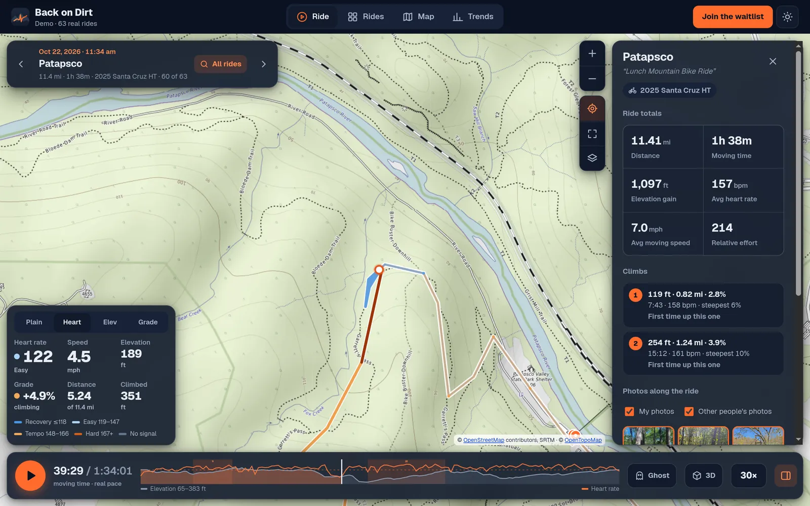 A ride paused mid-climb, the trail painted from blue to red by heart rate, with live heart rate, speed and grade
